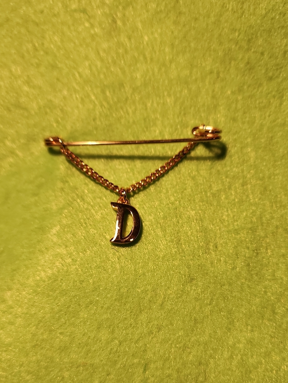 Gold Letter D Charm Safety Pin Brooch